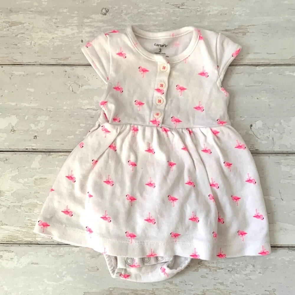 Carters 3m Baby Girl White Pink Flamingo Print Dress One Piece 100% Cotton